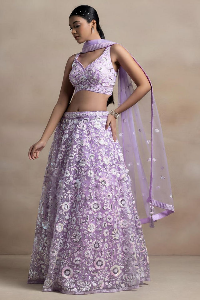 Lavender Floral Embroidered Net Lehenga (WF5126-Lavender)