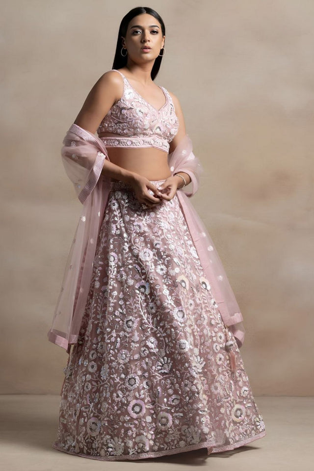 Pink Floral Embroidered Net Lehenga (WF5126-Pink)