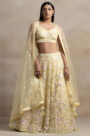 Yellow Floral Embroidered Net Lehenga (WF5126-Yellow)