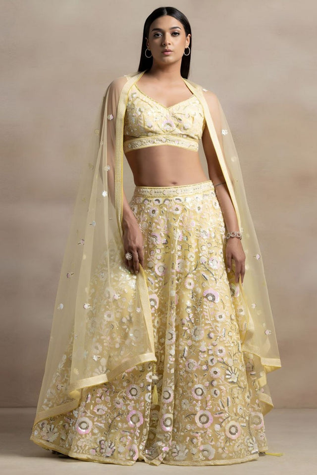 Yellow Floral Embroidered Net Lehenga (WF5126-Yellow)