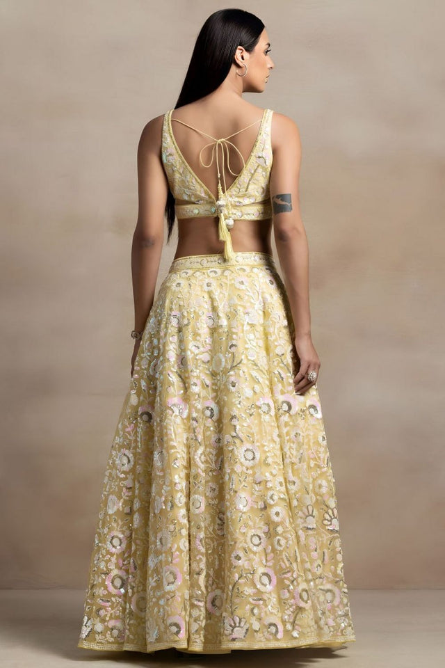 Yellow Floral Embroidered Net Lehenga (WF5126-Yellow)