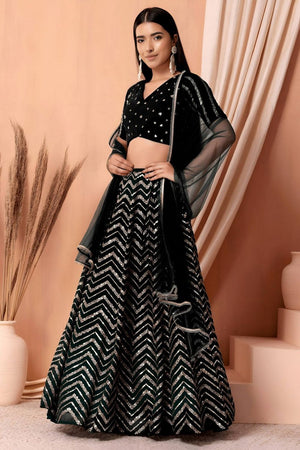 Black Sequin Georgette Lehenga (WF7094-Black)