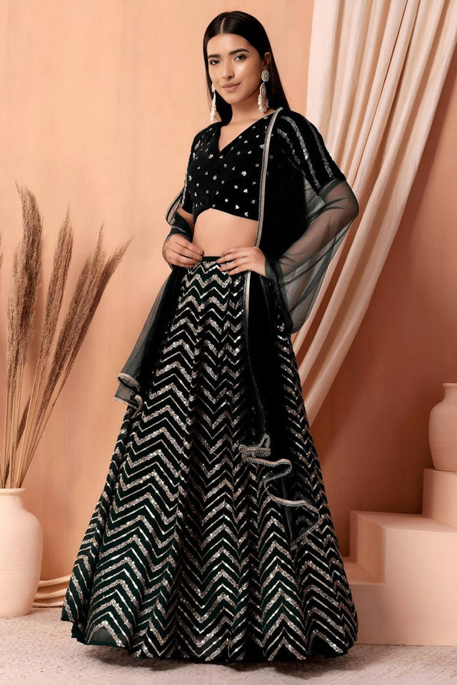 Black Sequin Georgette Lehenga (WF7094-Black)