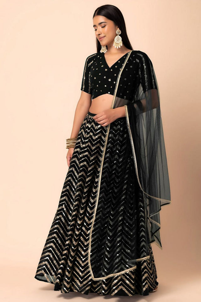 Black Sequin Georgette Lehenga (WF7094-Black)
