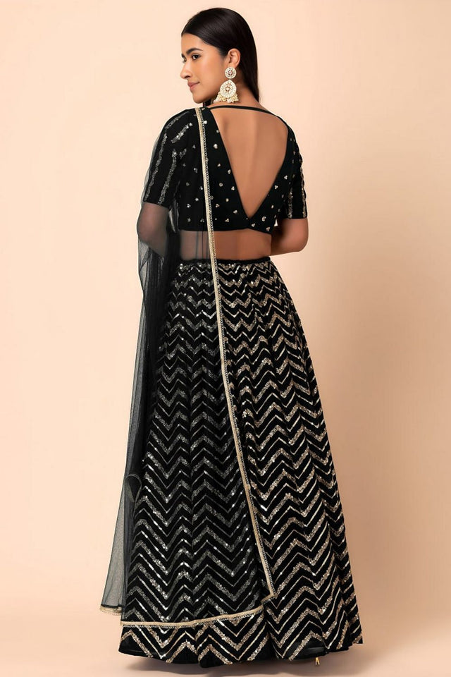 Black Sequin Georgette Lehenga (WF7094-Black)