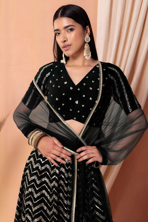 Black Sequin Georgette Lehenga (WF7094-Black)