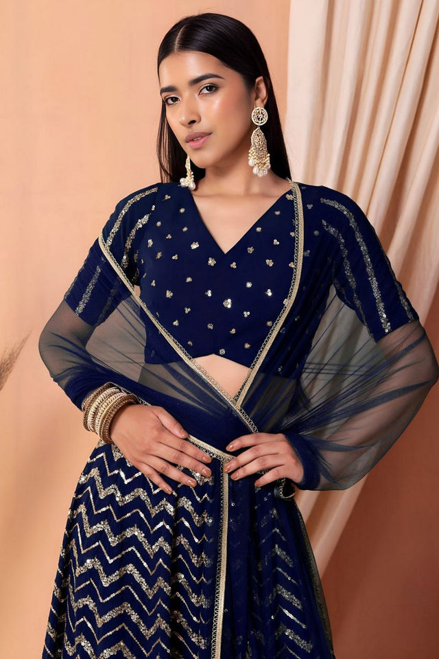 Blue Sequin Georgette Lehenga (WF7094-Blue)
