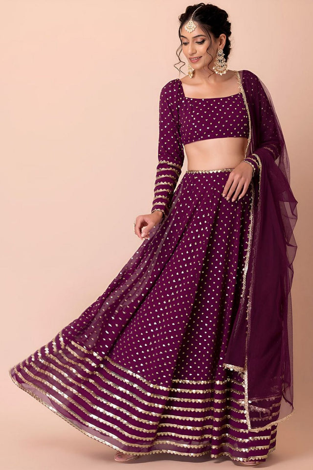 Wine Embroidered Georgette Lehenga (WFF-5074-Wine)