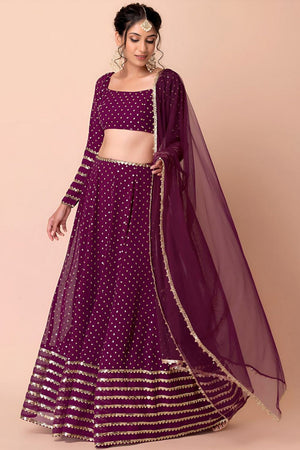 Wine Embroidered Georgette Lehenga (WFF-5074-Wine)