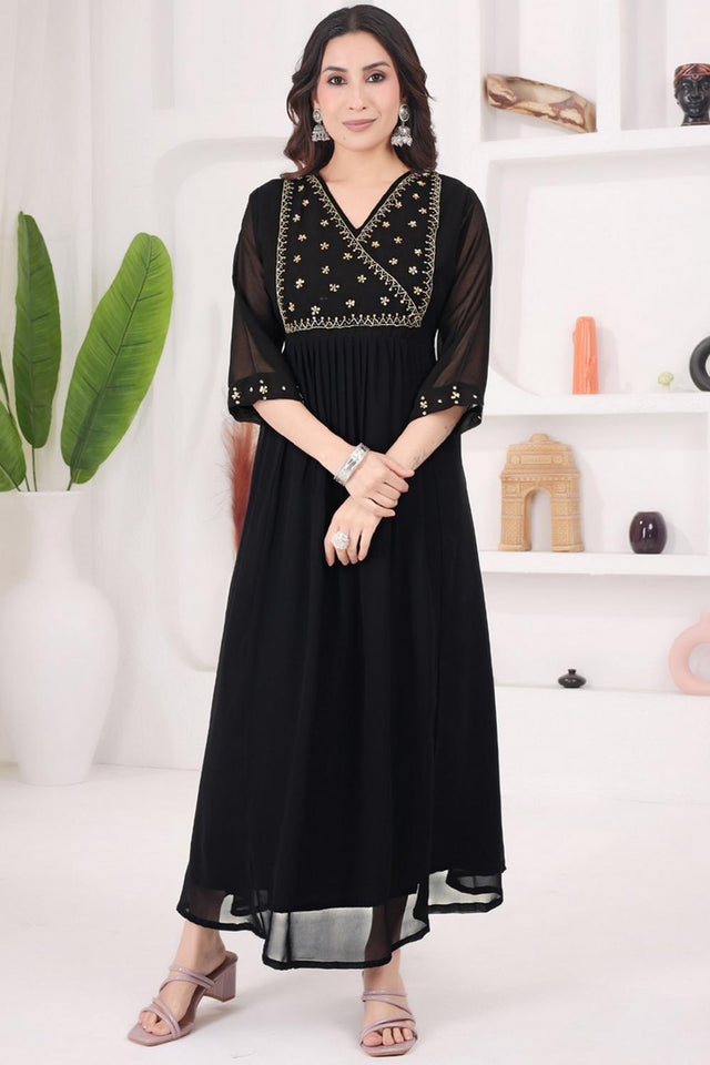 Black Floral Embroidered Georgette Long Kurti (WM12-BLACK)