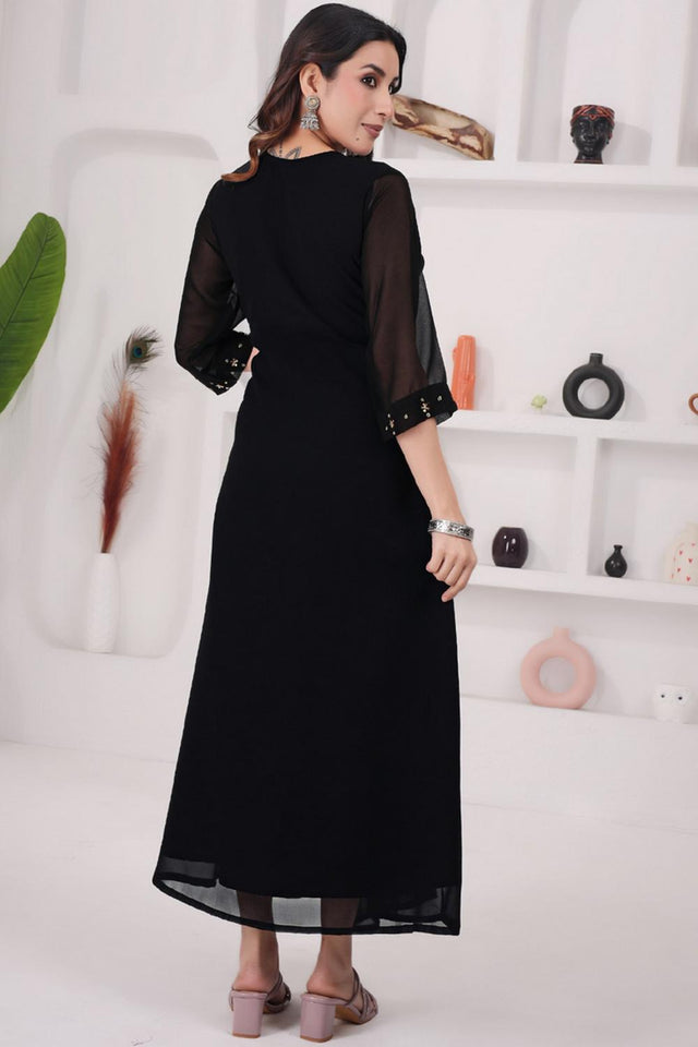 Black Floral Embroidered Georgette Long Kurti (WM12-BLACK)
