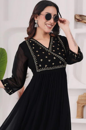 Black Floral Embroidered Georgette Long Kurti (WM12-BLACK)
