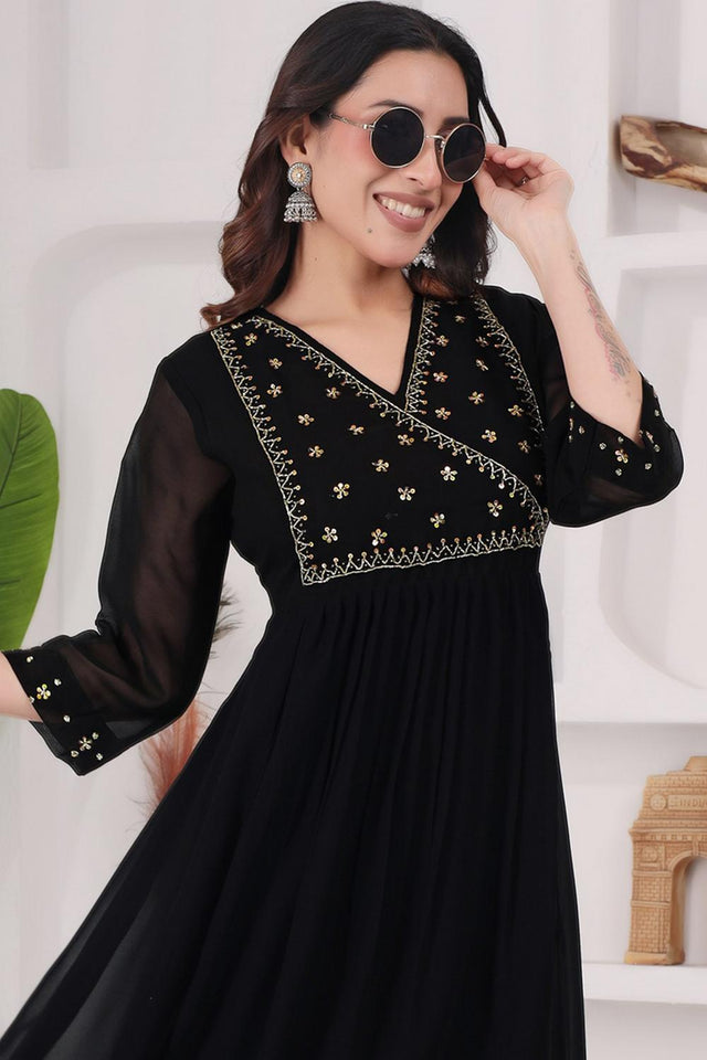 Black Floral Embroidered Georgette Long Kurti (WM12-BLACK)