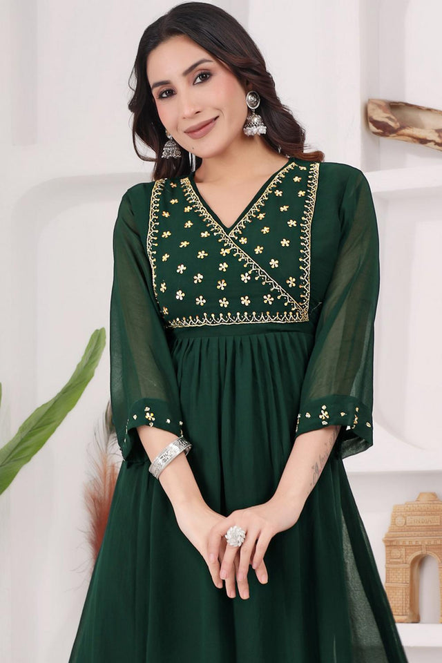 Mehendi Floral Embroidered Georgette Long Kurti (WM12-MAHENDI)