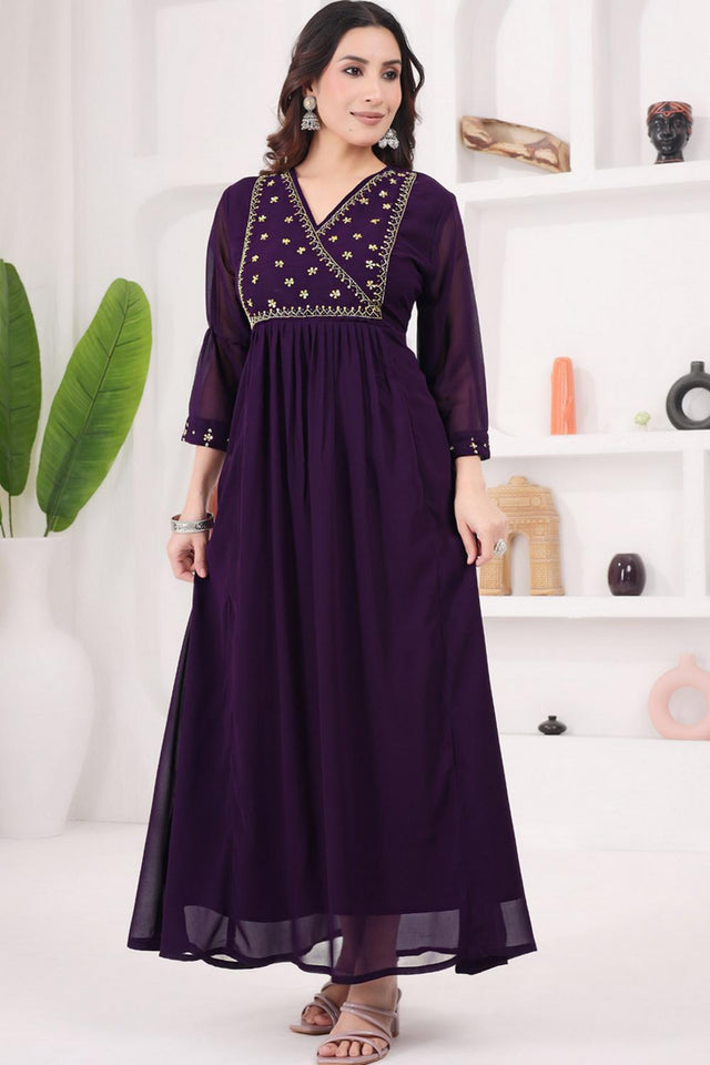 Violet Floral Embroidered Georgette Long Kurti (WM12-PURPLE)