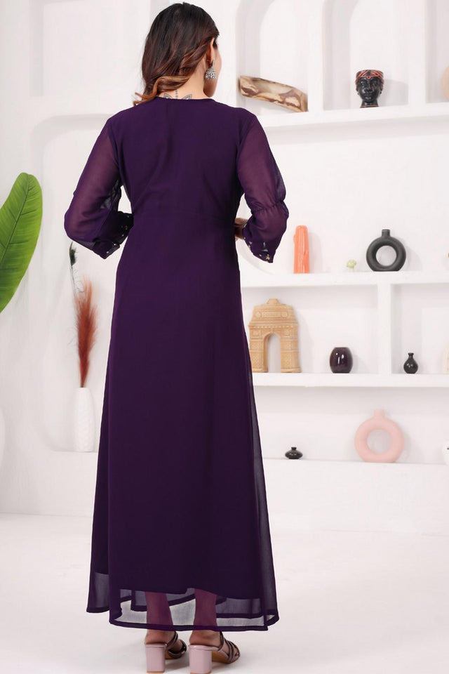 Violet Floral Embroidered Georgette Long Kurti (WM12-PURPLE)