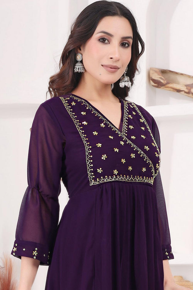 Violet Floral Embroidered Georgette Long Kurti (WM12-PURPLE)
