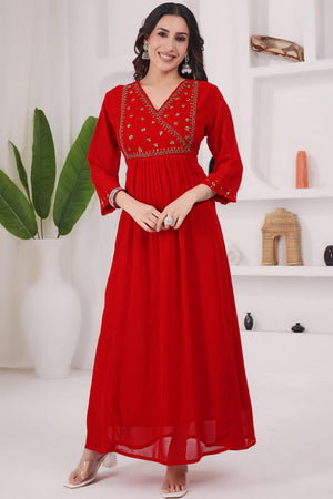 Red Floral Embroidered Georgette Long Kurti (WM12-RED)