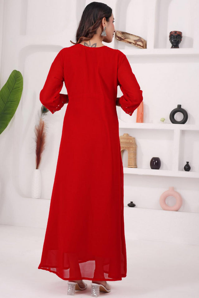 Red Floral Embroidered Georgette Long Kurti (WM12-RED)