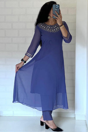 Blue Mirror Sequin Georgette Kurti Pant Set (WM22-BLUE)