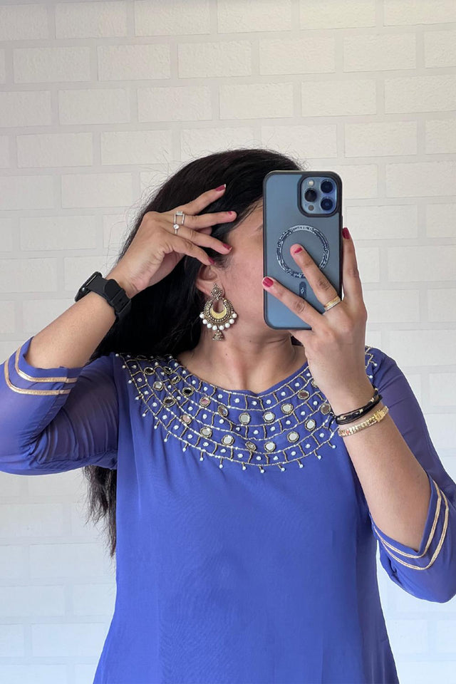 Blue Mirror Sequin Georgette Kurti Pant Set (WM22-BLUE)