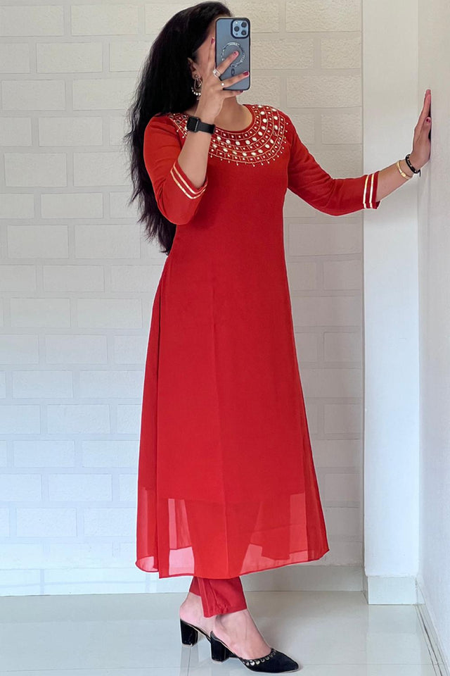 Orange Mirror Sequin Georgette Kurti Pant Set (WM22-ORANGE)