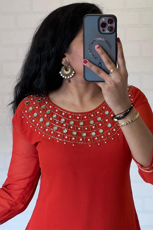 Orange Mirror Sequin Georgette Kurti Pant Set (WM22-ORANGE)