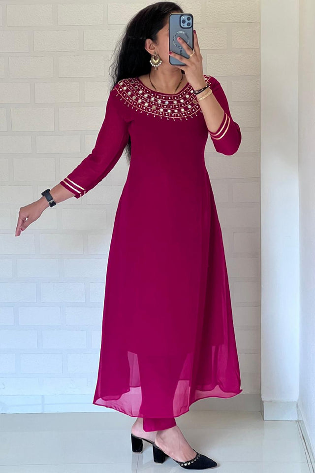 Pink Mirror Sequin Georgette Kurti Pant Set (WM22-PINK)