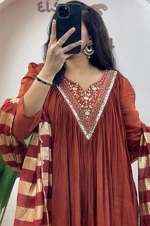 Brown Floral Embroidered Cotton Kurti Palazzo Set (WM27-BROWN)