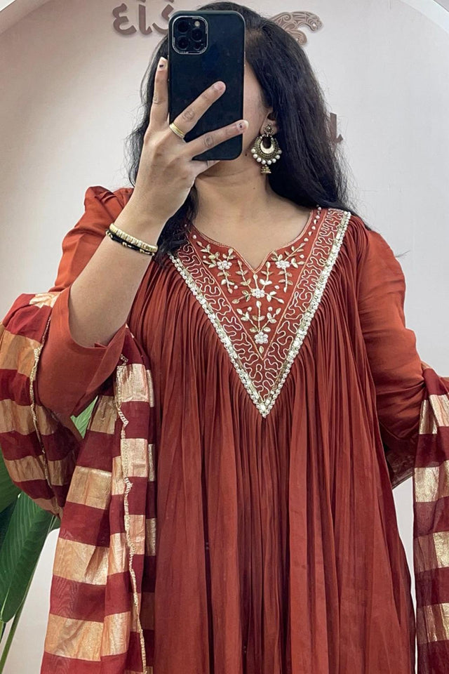 Brown Floral Embroidered Cotton Kurti Palazzo Set (WM27-BROWN)