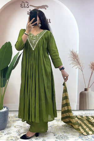Green Floral Embroidered Cotton Kurti Palazzo Set (WM27-GREEN)
