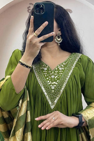 Green Floral Embroidered Cotton Kurti Palazzo Set (WM27-GREEN)