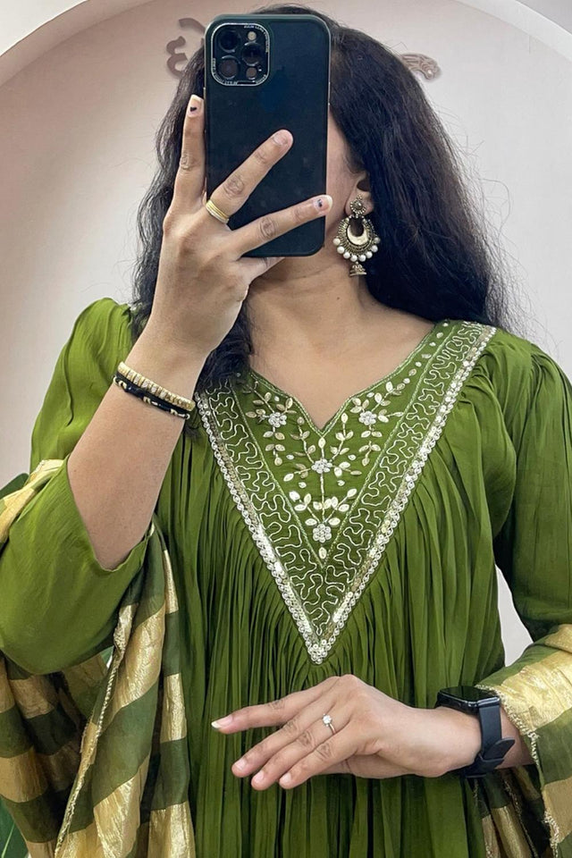 Green Floral Embroidered Cotton Kurti Palazzo Set (WM27-GREEN)