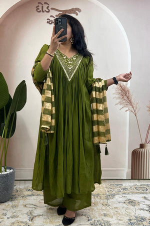 Green Floral Embroidered Cotton Kurti Palazzo Set (WM27-GREEN)