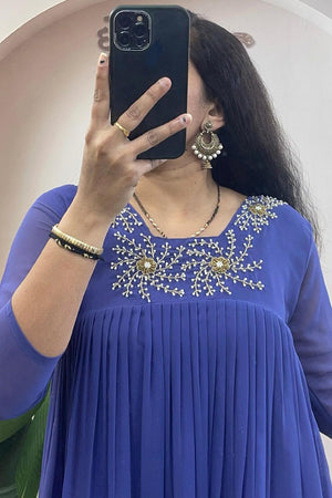 Blue Floral Embroidered Georgette Long Kurti (WM28-BLUE)