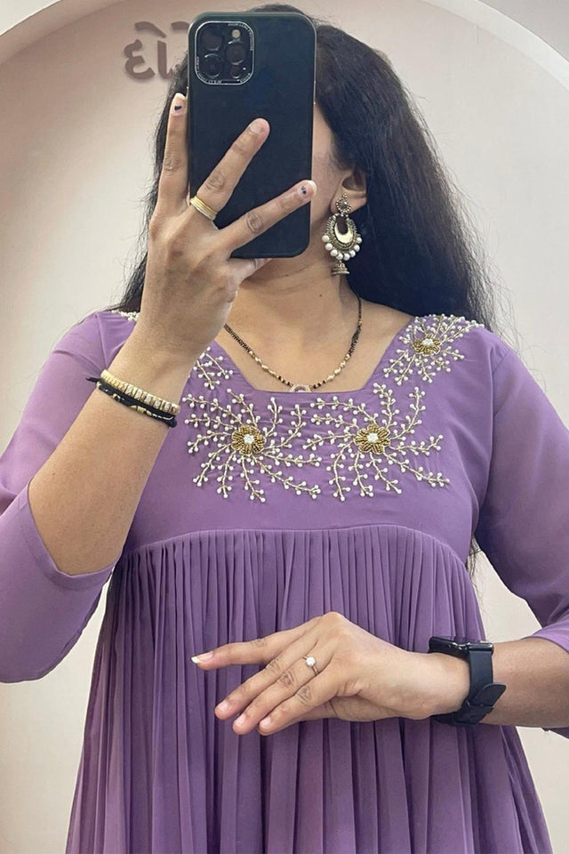 Lavender Floral Embroidered Georgette Long Kurti (WM28-LAVENDER)