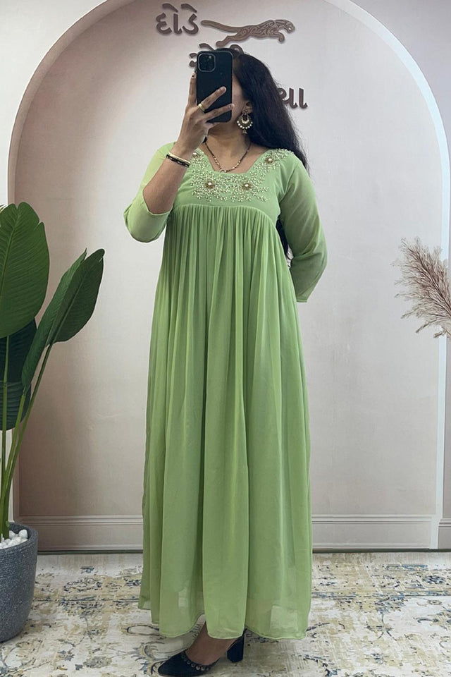 Green Floral Embroidered Georgette Long Kurti (WM28-LIGHTGREEN)