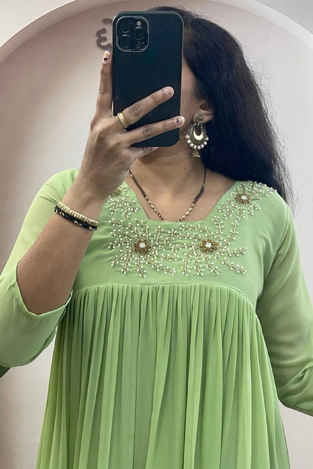Green Floral Embroidered Georgette Long Kurti (WM28-LIGHTGREEN)