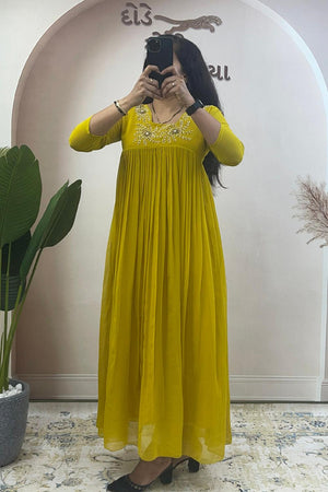 Mustard Floral Embroidered Georgette Long Kurti (WM28-MUSTARD)