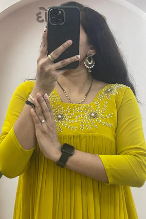 Mustard Floral Embroidered Georgette Long Kurti (WM28-MUSTARD)