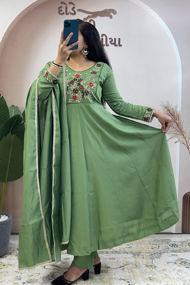 Green Floral Embroidered Silk Anarkali Suit (WM31-GREEN)