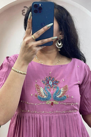 Lavender Embroidered Cotton Long Kurti (WM32-LAVENDER)