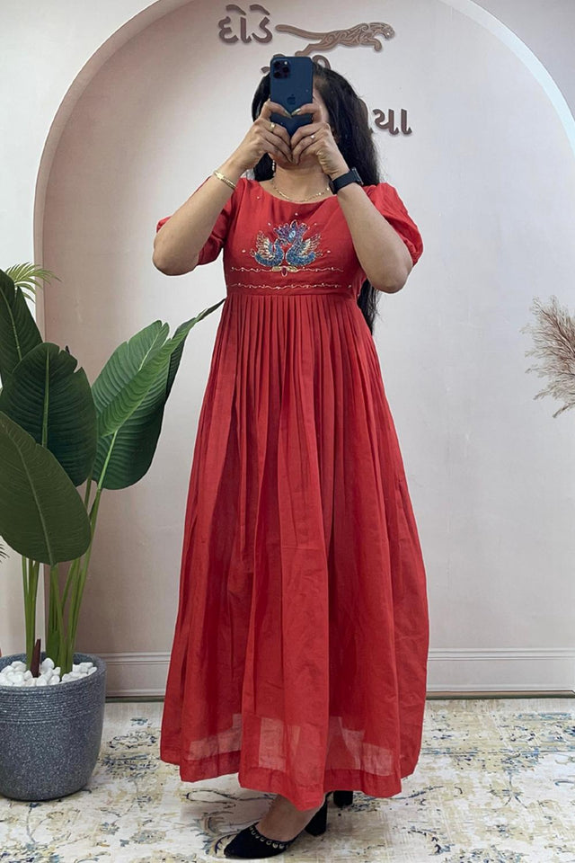 Orange Embroidered Cotton Long Kurti (WM32-ORANGE)