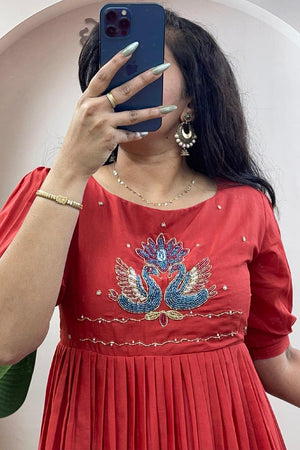 Orange Embroidered Cotton Long Kurti (WM32-ORANGE)