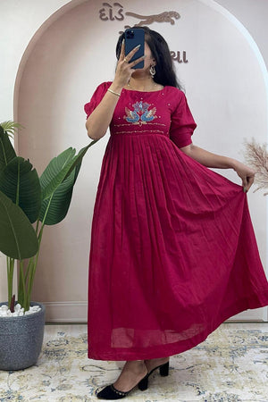 Pink Embroidered Cotton Long Kurti (WM32-PINK)