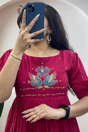 Pink Embroidered Cotton Long Kurti (WM32-PINK)