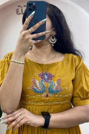 Yellow Embroidered Cotton Long Kurti (WM32-YELLOW)