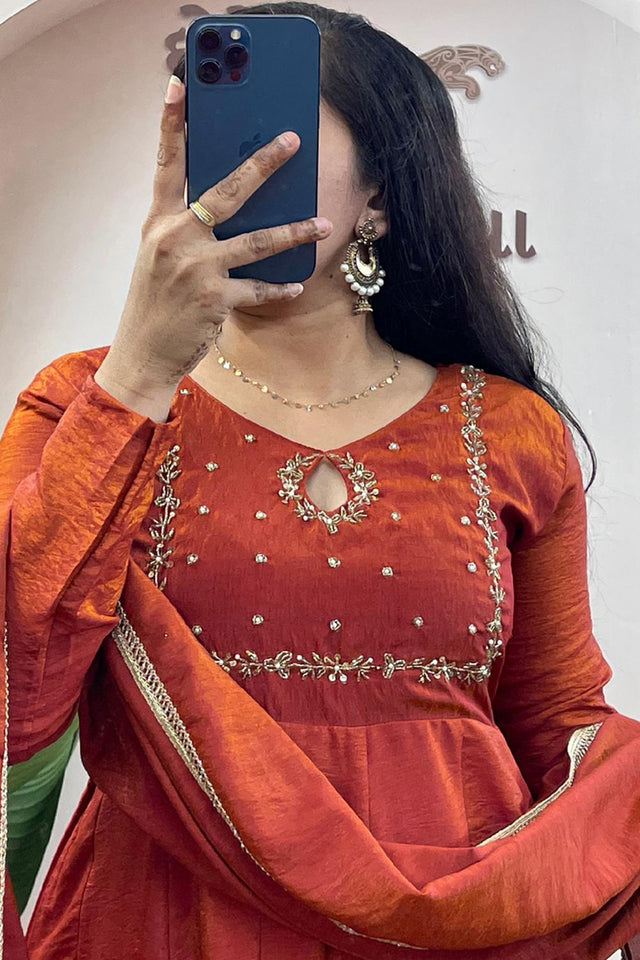 Brown Embroidered Silk Gown (WM35-BROWN)