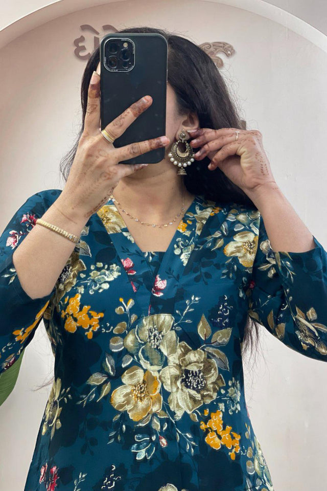 Turquoise Floral Printed Cotton Co-Ord Set (WM36-RAMA)