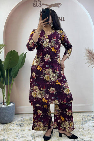 Wine Floral Printed Cotton Co-Ord Set (WM36-WINE)